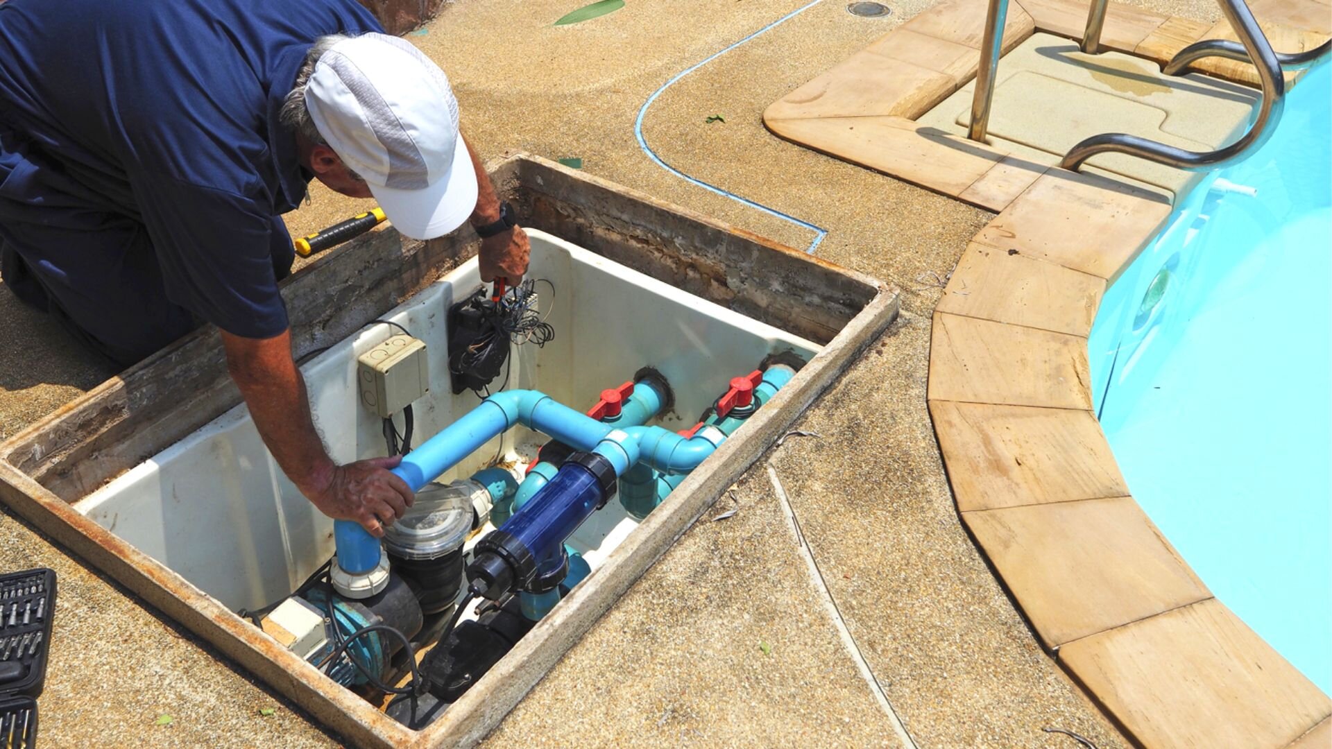 Man Doing Maintenance On Swimming Pool Filter Man Maintenance Swimming Pool Filter