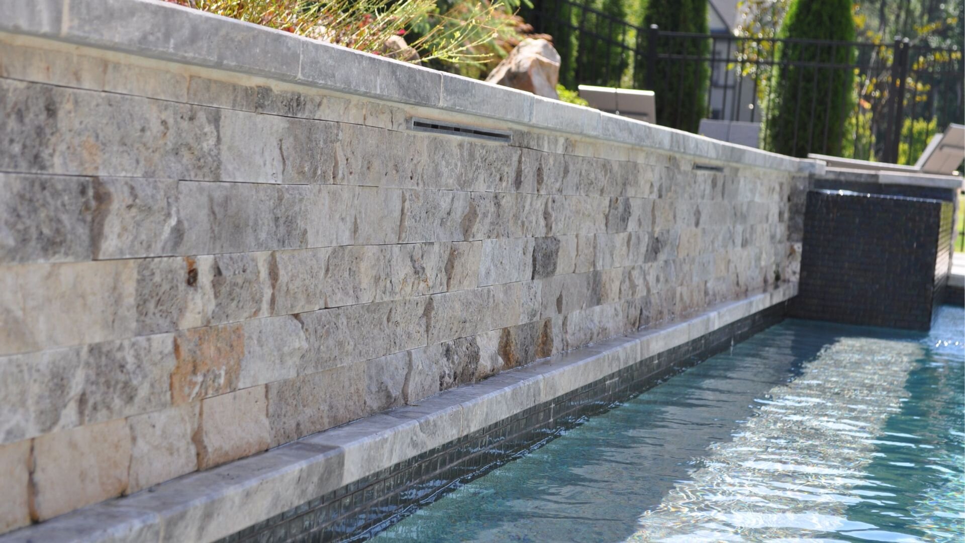 2023 07 Natural Stone Tiles On Feature Wall In Pool Natural Stone Tiles Feature Wall Pool